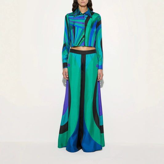 Printed Satin Long Sleeve Shirt And Wide-leg Pants Two-piece Set
