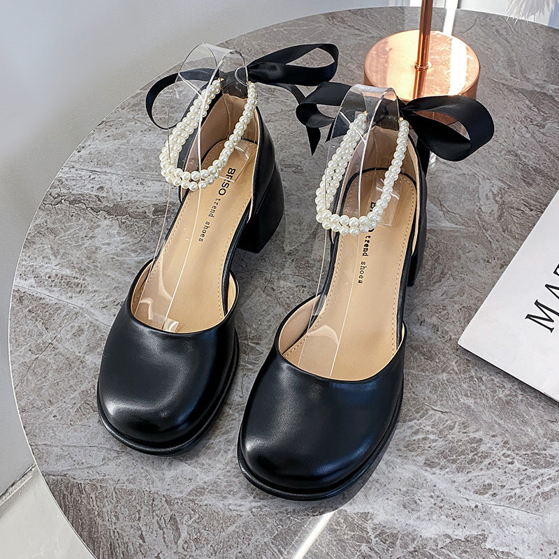 Chunky Heel Pearl Shoes High Quality Mary Jane