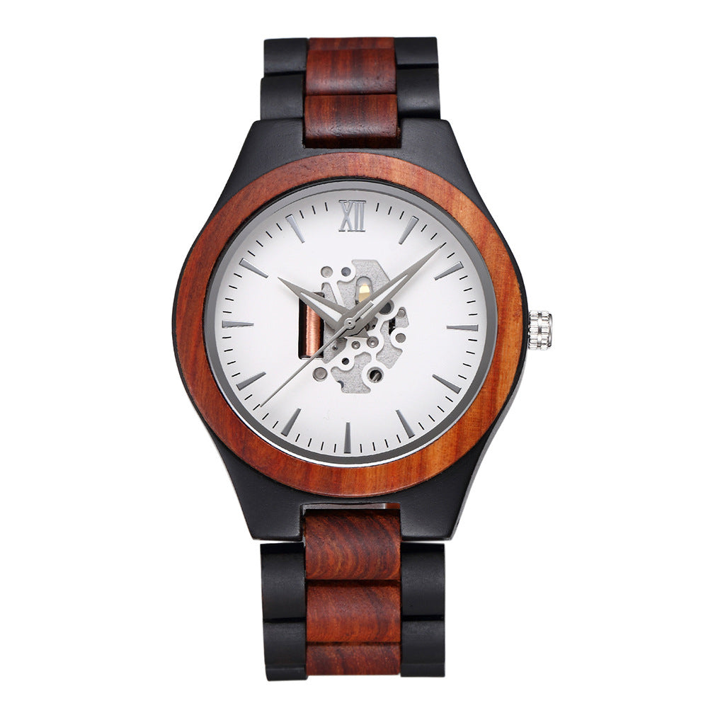 Men's skeleton wooden watch