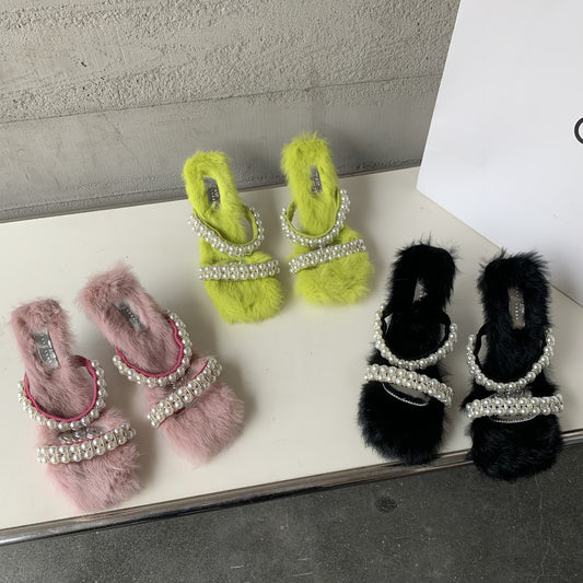 Fairy Pearl Open-toe Square High Heel Sandals