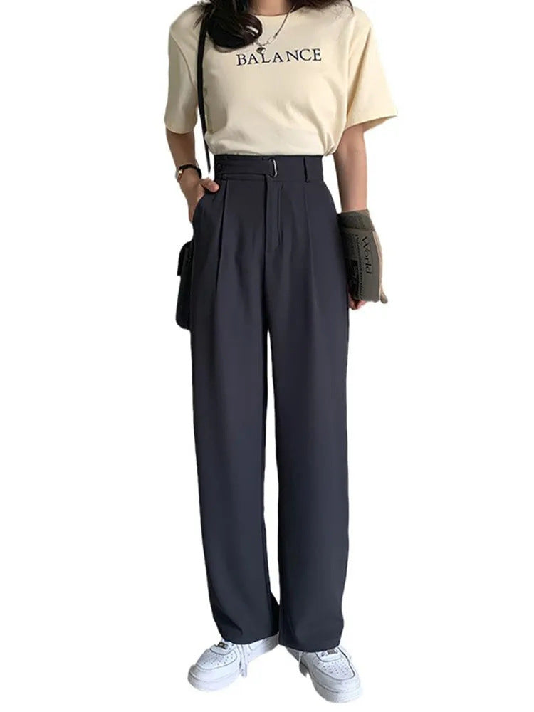 Summer Gray Small Suit Pants Women's Ice Silk High Waist Straight Narrow Wide-leg Pants