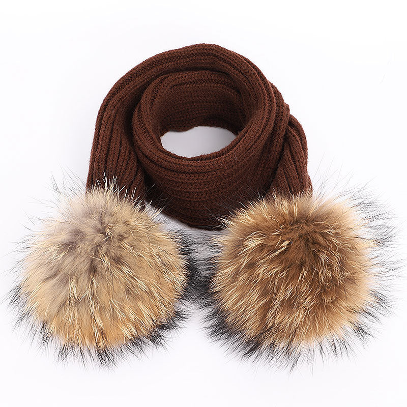 Men's And Women's Thickened Raccoon Fur Ball Knitted Ear  Set