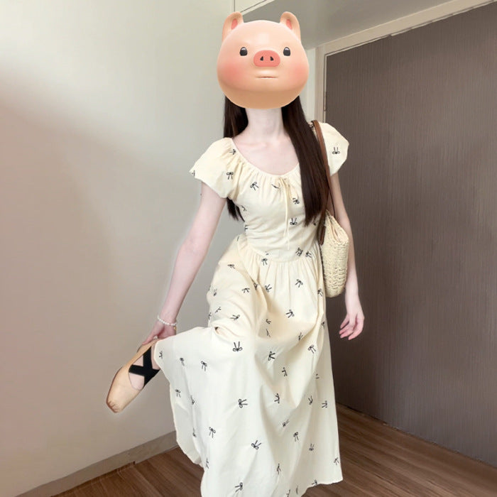 Womens French-style Floral Dress With Bow And Puffed Sleeves