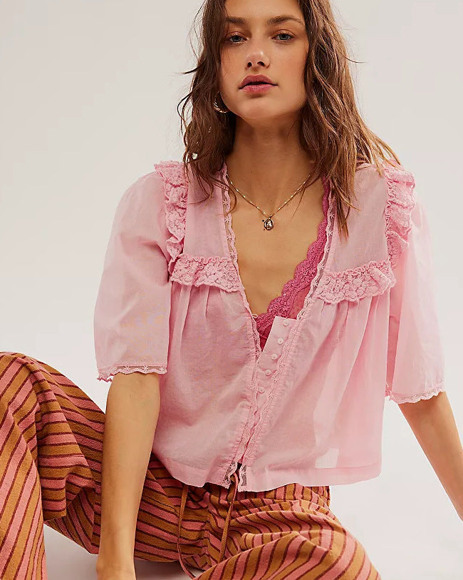 Lace-trimmed Collar Loose-fitting Fashionable Pleated Top For Women