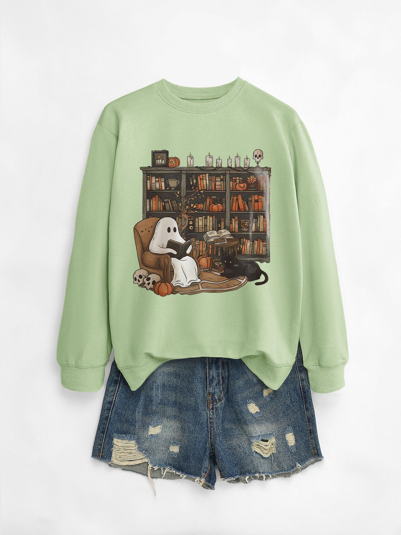 Printed Bookshelf Ghost Black Cat Round Neck Sweater