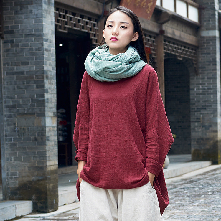 Cotton And Linen Breathable Retro National Long Sleeve Pullover T-shirt