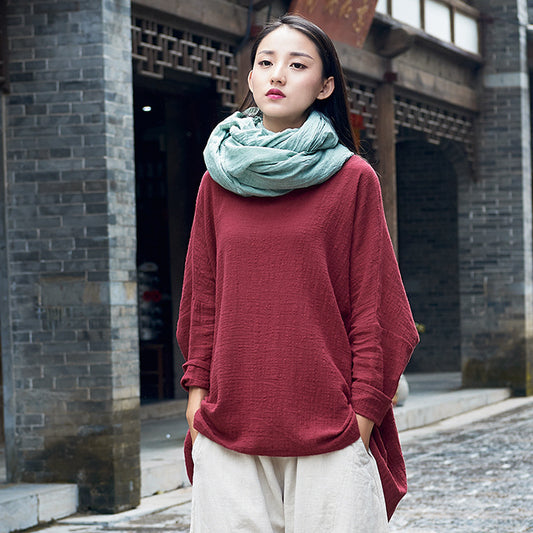 Cotton And Linen Breathable Retro National Long Sleeve Pullover T-shirt