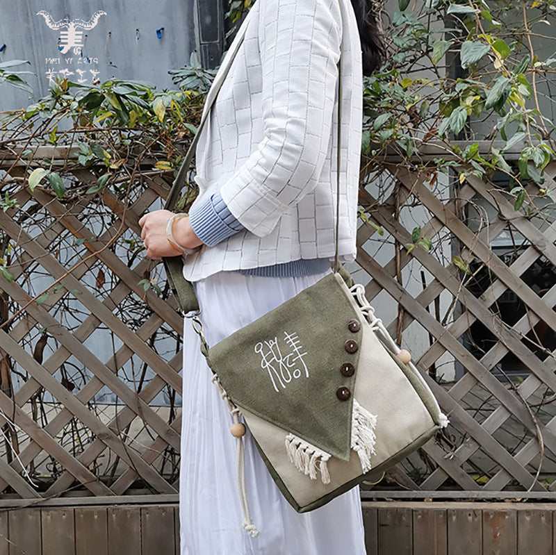Literary Country Style Printed Canvas Crossbody Bag