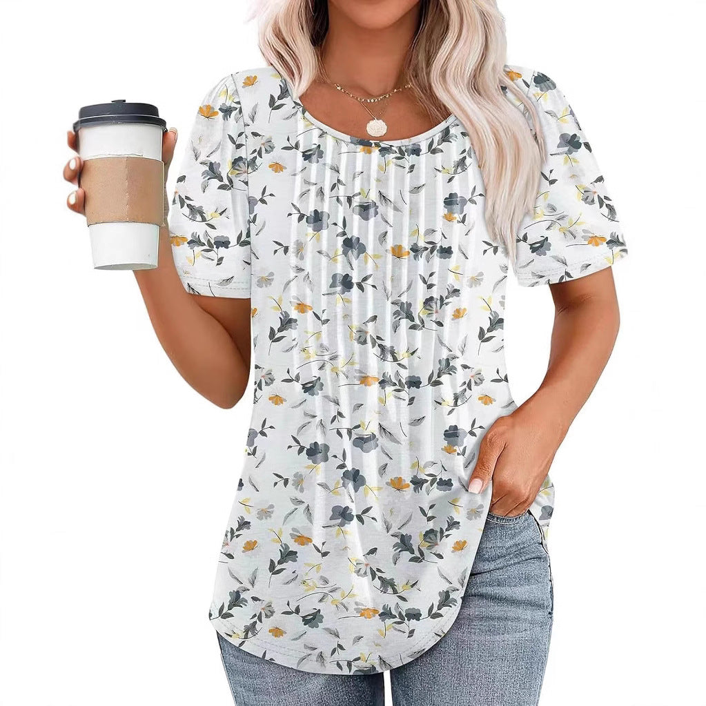 Round Neck Pleated Printed T-shirt