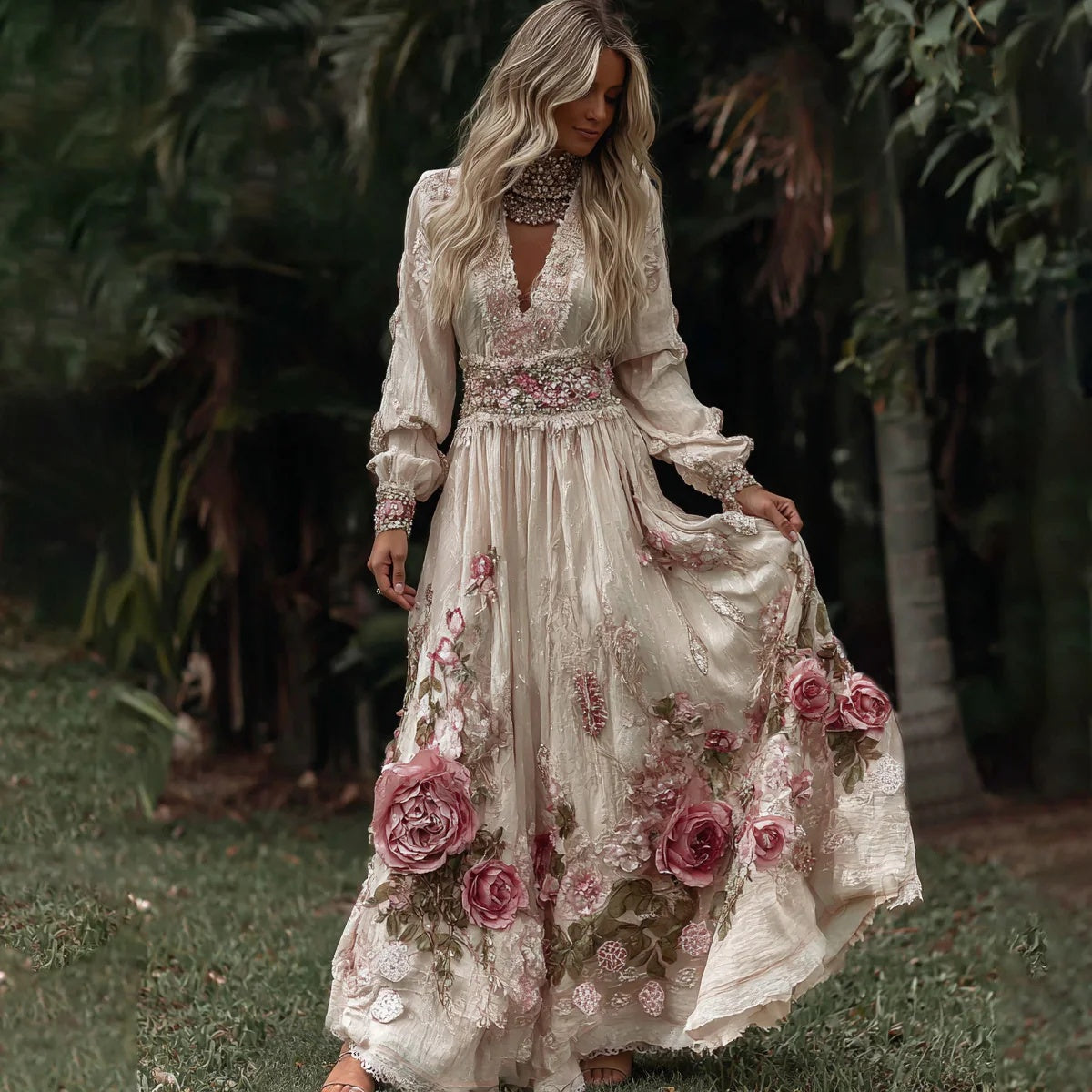 Vintage Elegant Long Dress With Floral And Botanical Print