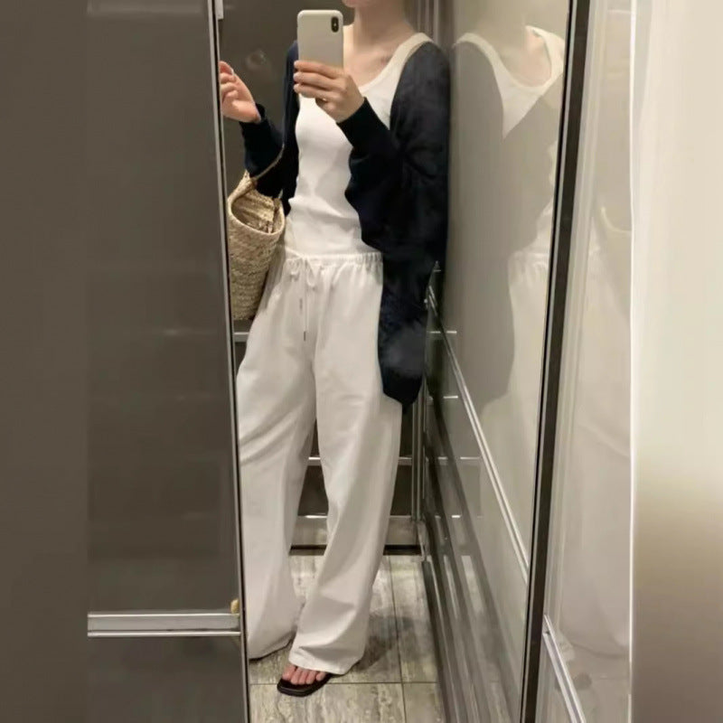 Women's Striped Solid Color Loose Casual Drawstring Straight-leg Pants