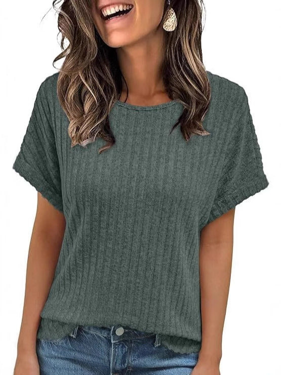 Solid Color Round Neck Sunken Stripe Casual Short-sleeved T-shirt For Women