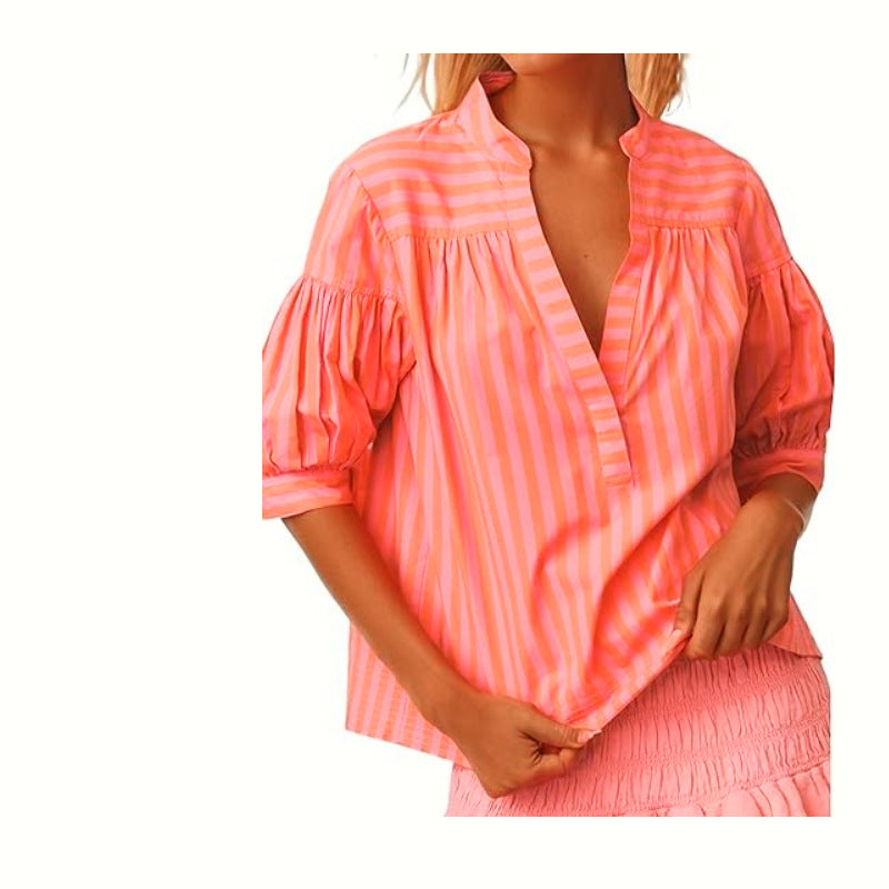 Fashionable All-match Loose Striped Shirt Short Sleeve