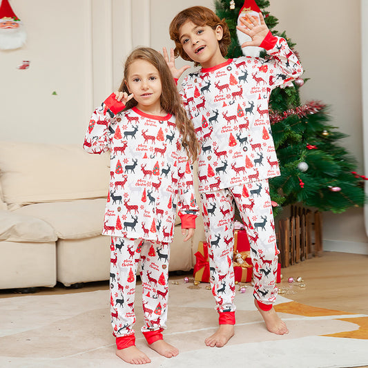 Cartoon Flower Deer Print Parent-child Christmas Pajamas Home Wear Suit