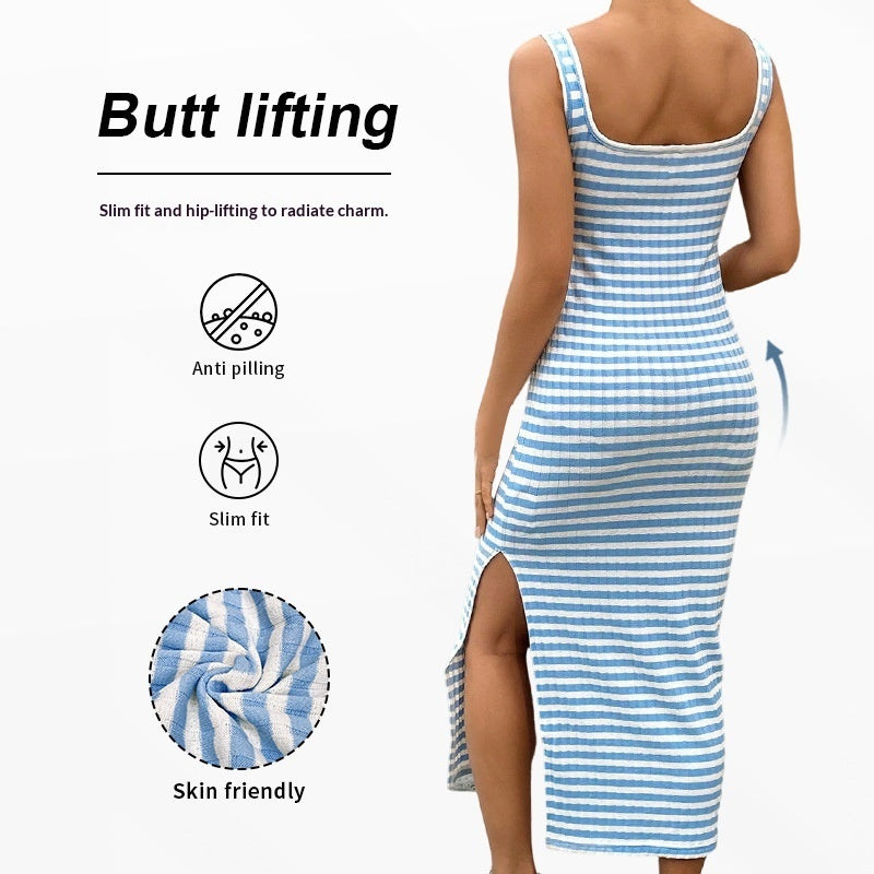 Summer Slim-fit Square-neck Striped Dress