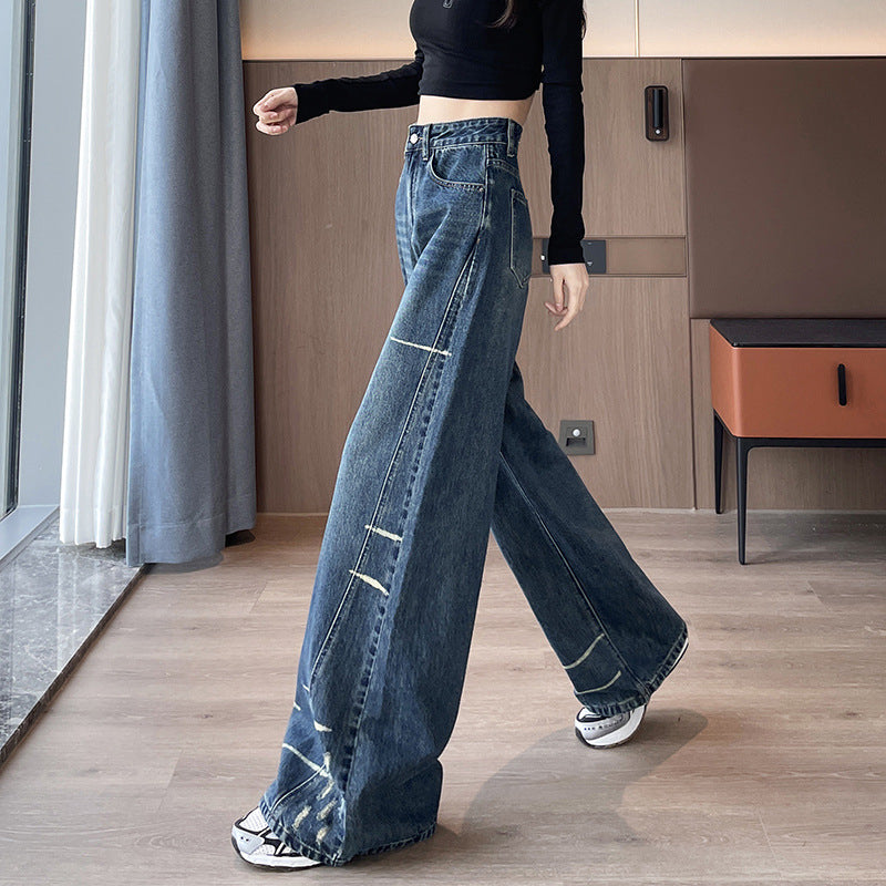 Fleeceforede Ekstra Tykke Unikke Højtaljede Løstsiddende Denim Wide-leg Bukser Til Kvinder
