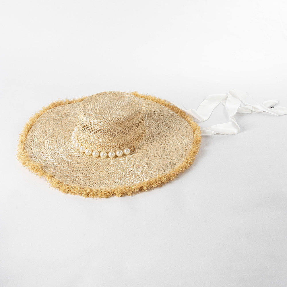 Pearl Strap Frosted Edge Large Eaves Hand Braided Straw Beach Sun Visor Hat