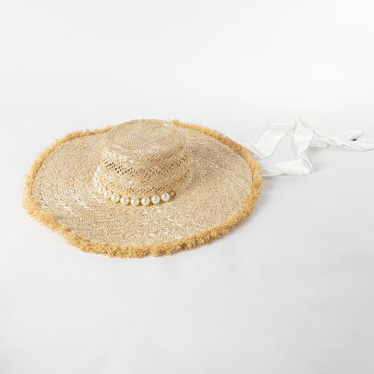 Pearl Strap Frosted Edge Large Eaves Hand Braided Straw Beach Sun Visor Hat