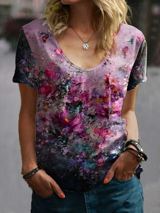 Women's Summer Casual Color Loose Sports Style 3D Printed Short Sleeve V-neck T-shirt