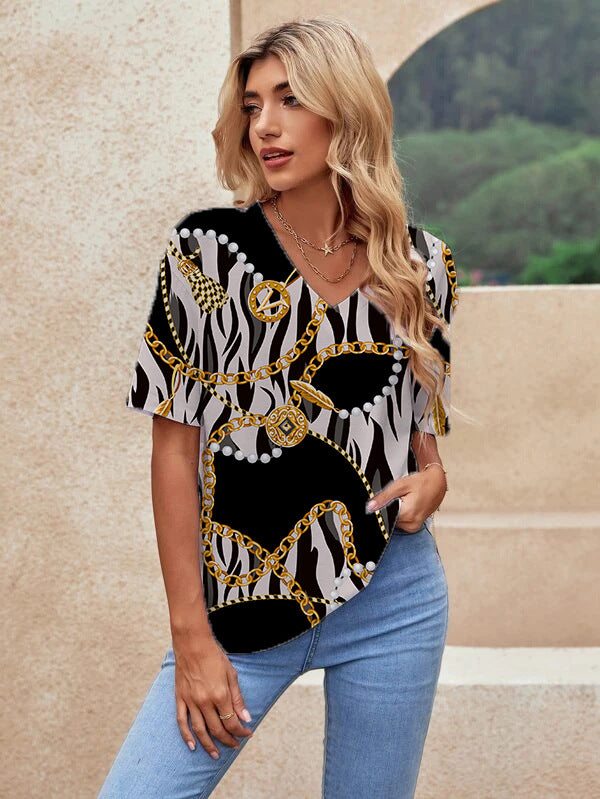 Printed Short Sleeve Urban Loose Casual Women's V Neck T Shirt