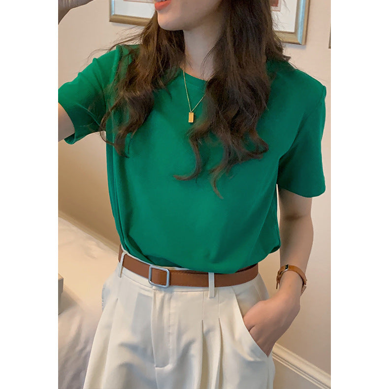 Women's Solid Color Round Neck Loose And Slim Short Sleeve T-shirt