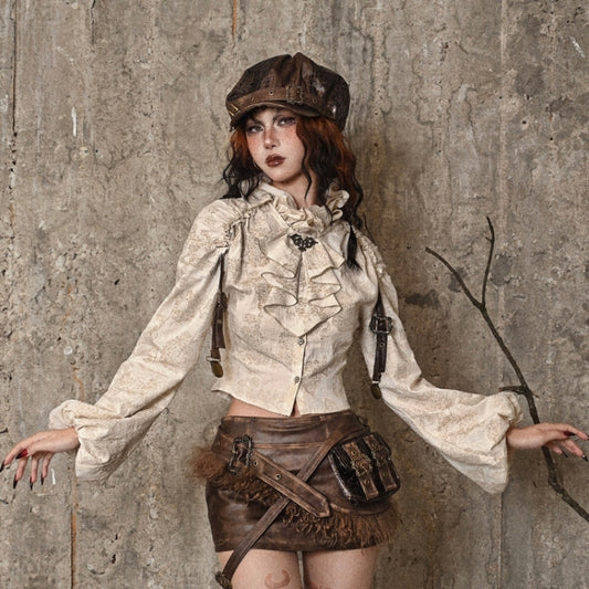 Steampunk Cotton Linen European Style Distressed Stand Collar Ruffle Shirt