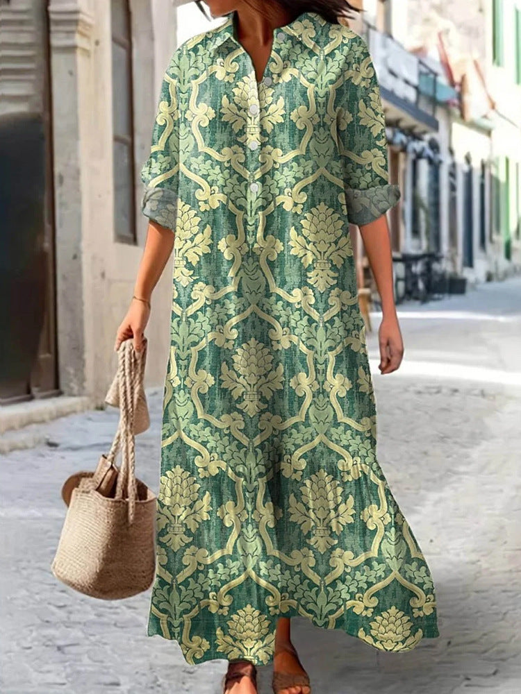 Womens Long-Sleeve Lapel-Neck Digital-Print Dress