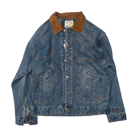 Patchwork Lapel American Retro Distressed Washed Denim Jacket