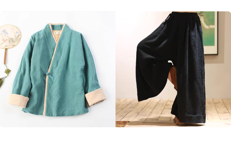 Lapel-button Tang-style Cotton-linen Modified Hanfu Tea-wearing Outfit Womens Zen Meditation Attire