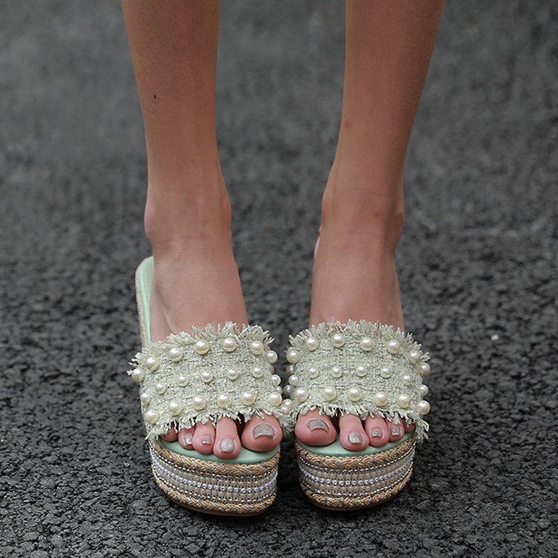 Hemp Rope Rhinestone Sponge Cake One-line Slippers For Women
