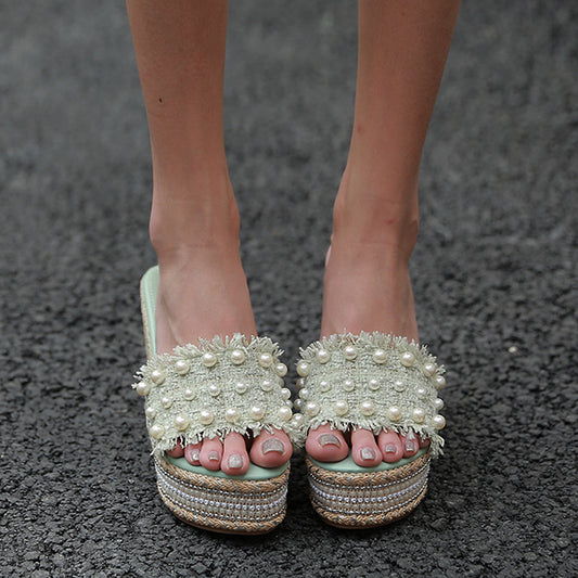 Hemp Rope Rhinestone Sponge Cake One-line Slippers For Women