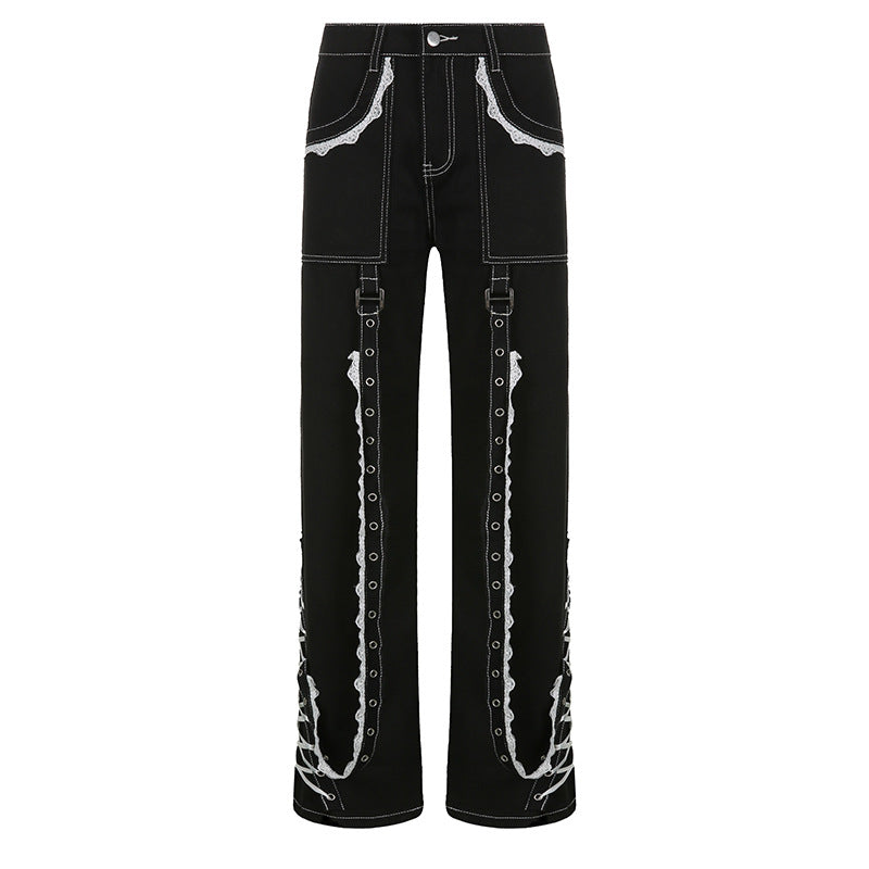 Women's Wide Leg Stitching Lace Lace Wash Denim Trousers