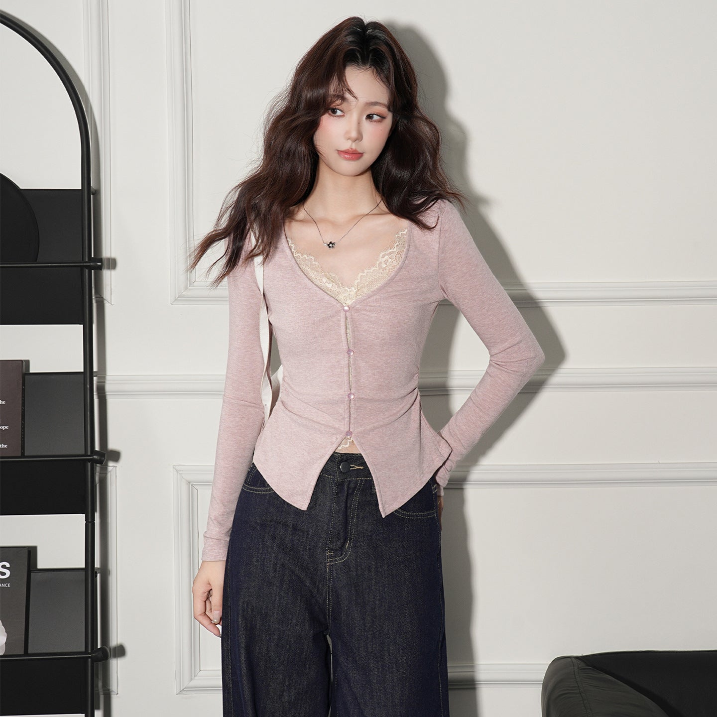 Women's Fake Two-piece V-neck Long-sleeved Top