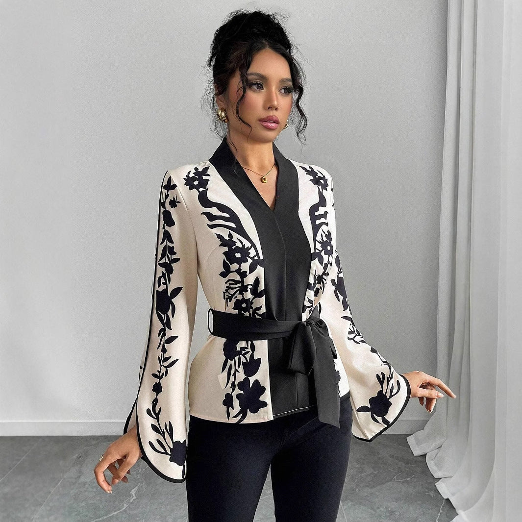 Womens Elegant V-Neck Top With Floral Print