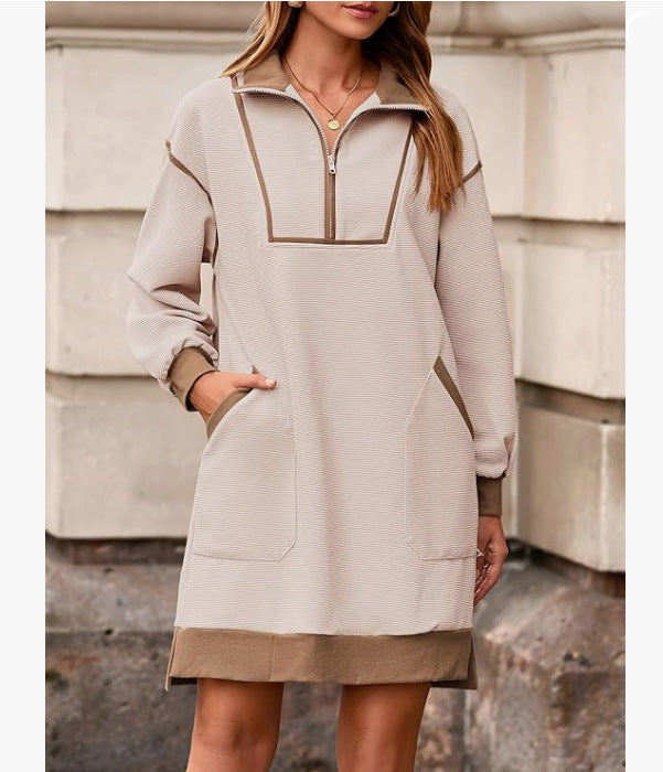 Sports Style Half Zip V Neck Long Sleeve Color Block Loose Dress