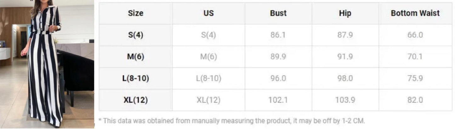 Casual Fashion Black And White Striped Button Pocket Design Shirt Wide Leg Pants Two-piece Set