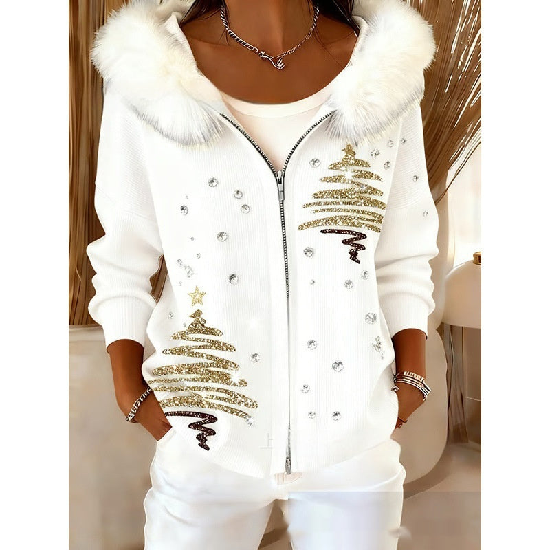 Stilfuld 3D Digital-Print Cardigan Til Damer Med Faux Fur Hætte