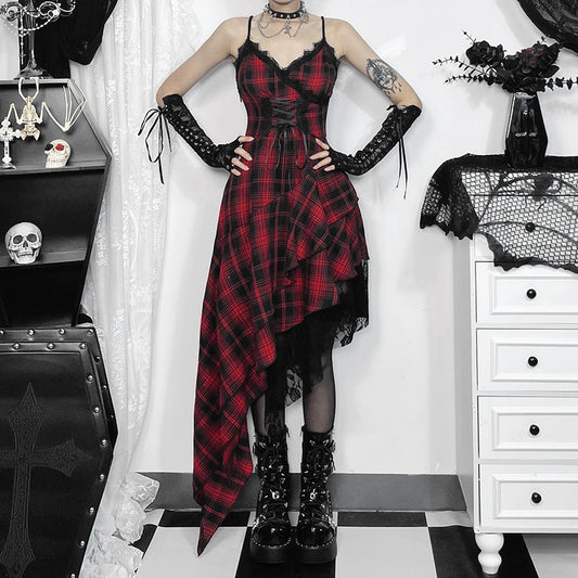 Lace-up Dark-colored Irregular Patchwork Hem Plaid Dress