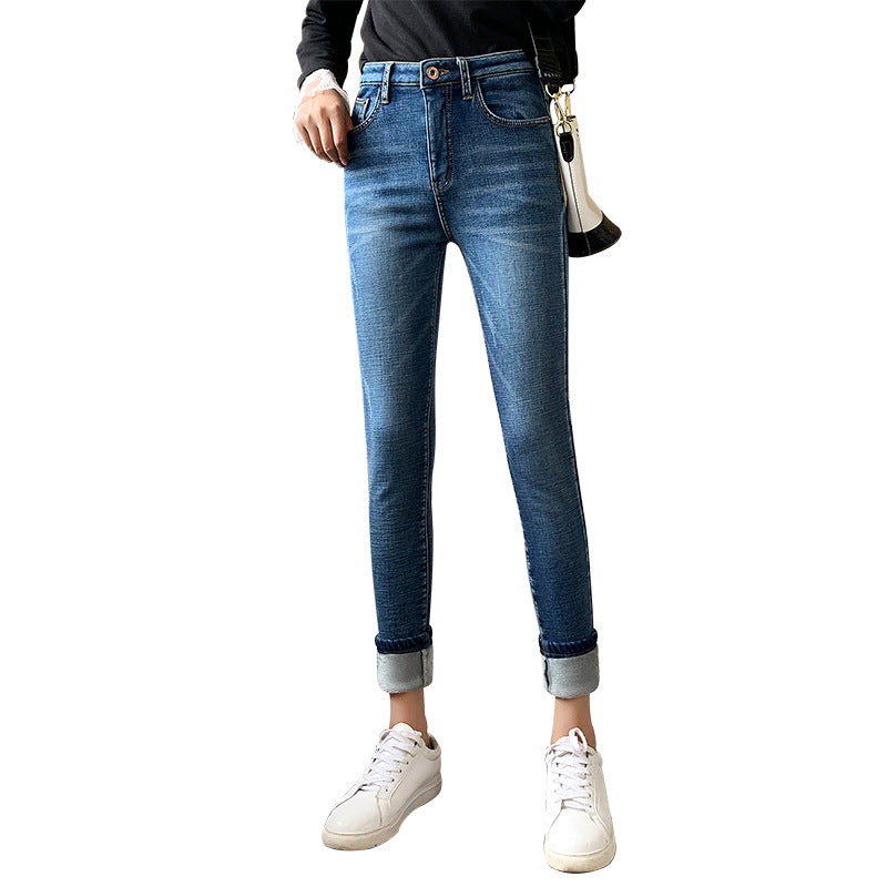 Women's Retro Blue Skinny Pants With Fleece Feet