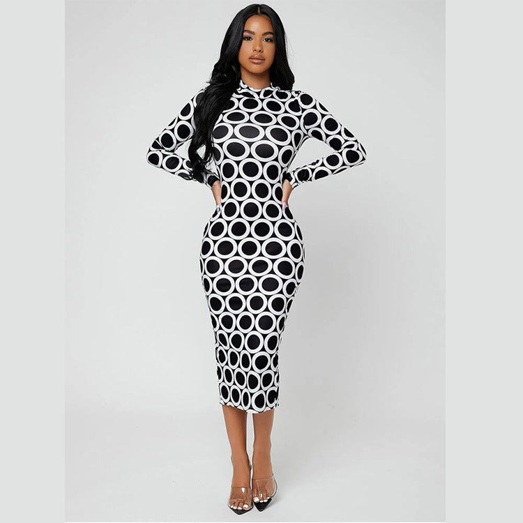 Stylish Printed Stretchy Slim-Fit Crew-Neck Long-Sleeve Split Dress