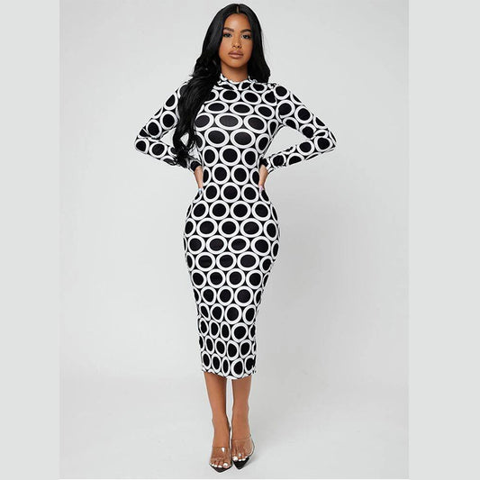 Stylish Printed Stretchy Slim-Fit Crew-Neck Long-Sleeve Split Dress