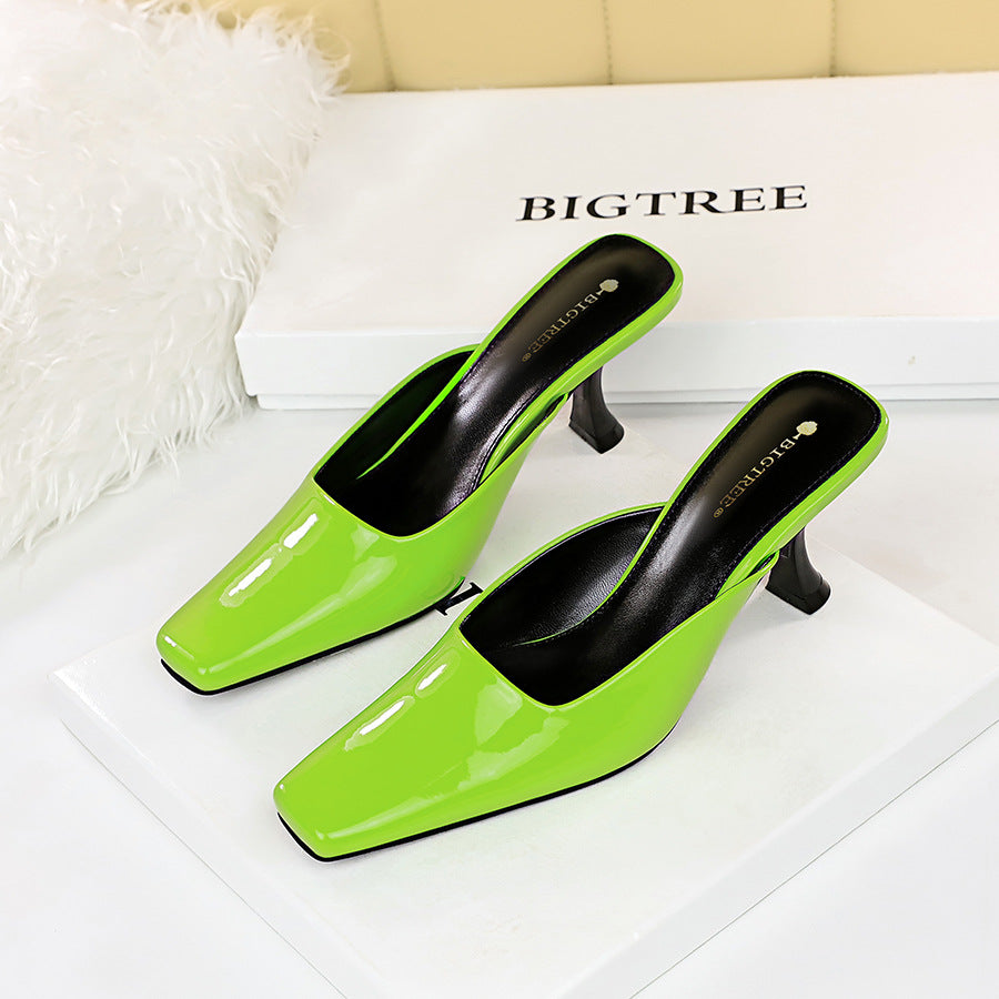 Simple High-heeled Square-toe Shallow-mouth Glossy Patent Leather Slippers