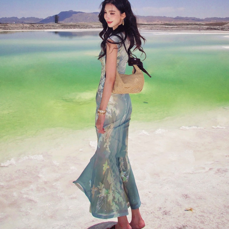 Green Sculptural Floral Print Two-Piece V-Neck Short-Sleeve Dress