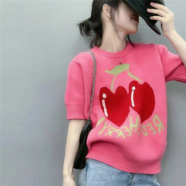 Women's Spring Cherry Design Niche Pullover Sweater Top