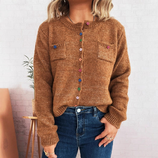 Simple Commute Color Button Chest Pocket Decorative Knitted Sweater