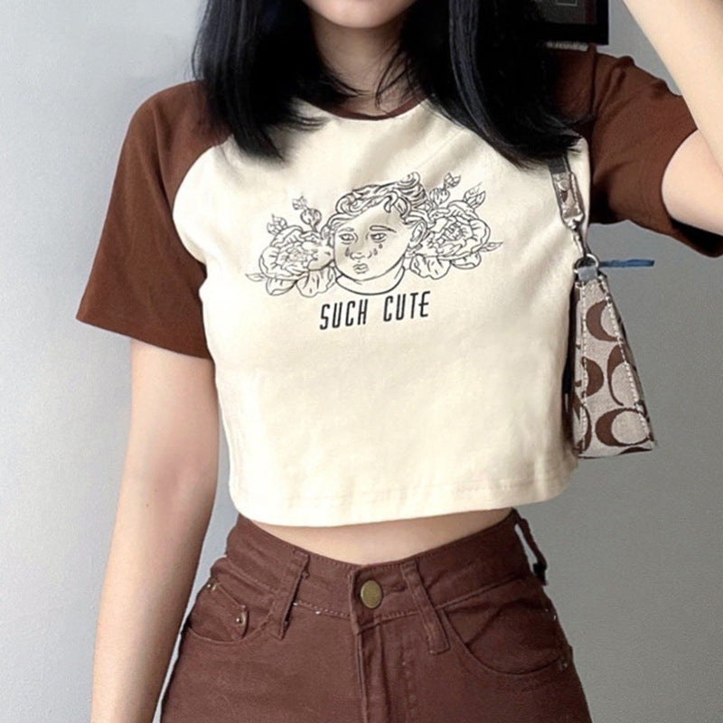 European And American Fashion Retro Round Neck Brown T-shirt