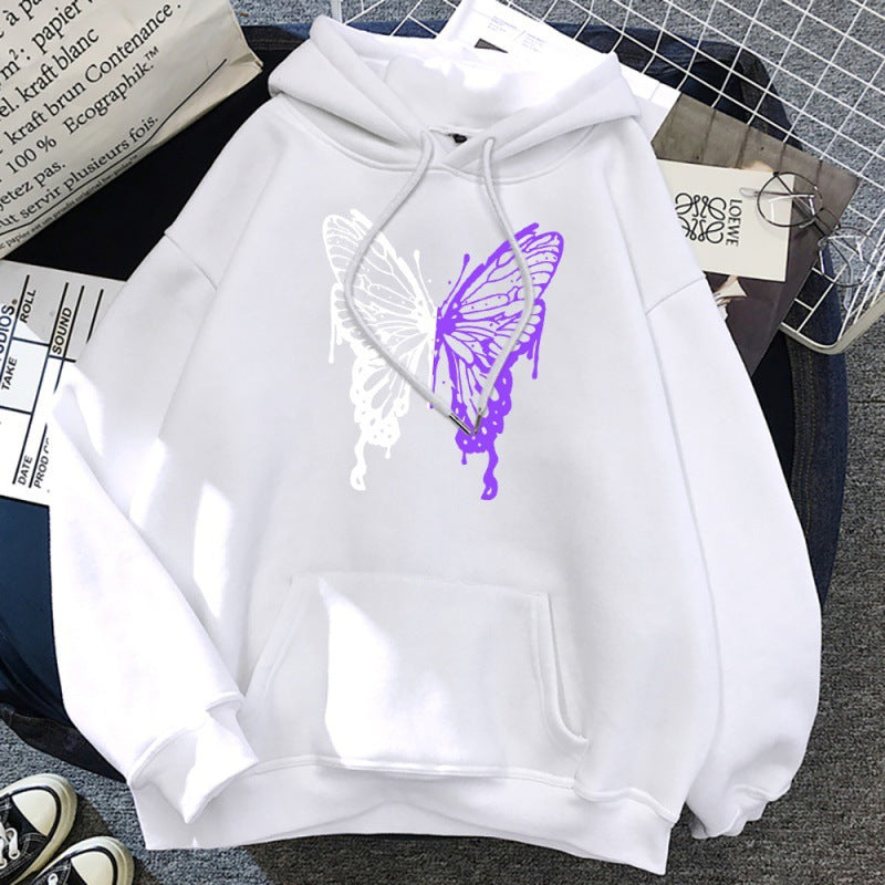 White And Purple Butterfly Pattern Hoodie