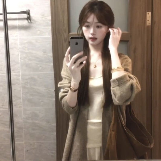 Korean-style Cozy Oatmeal-colored Knit Cardigan For Women