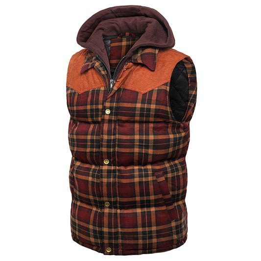 Hooded Cotton Jacket Vest Scottish Style Plaid Vest