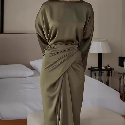 Batwing Sleeve Belt Waist Slimming Solid Color Dress